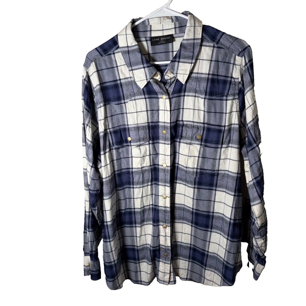 Lane Bryant Button Up Women's 18/20 Blue Plaid Button Up Collared Shirt